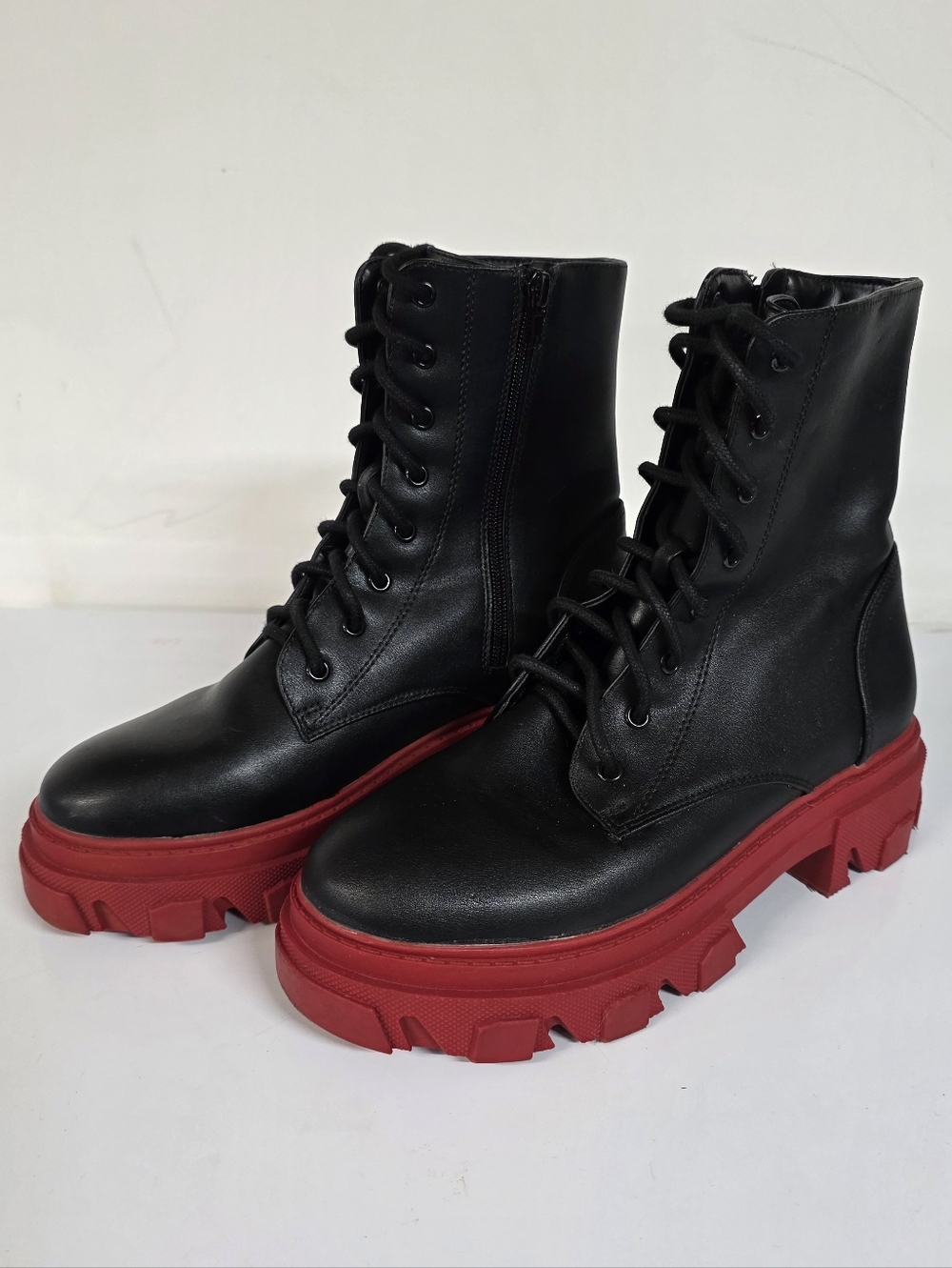 Forever 21 Black Red Combat Boots with Lug Sole - Women's 7.5